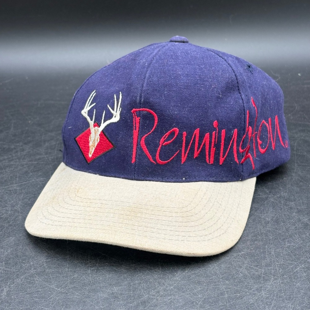 Vintage Remington Hat Navy Tan Two Tone Embroidered Deer Skull Logo Cap